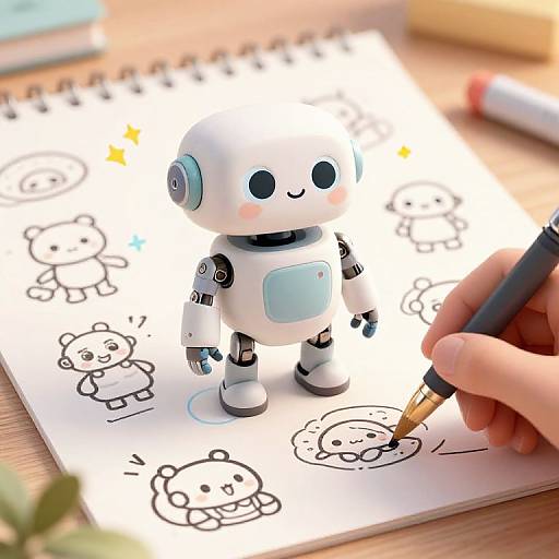 Photograph of a cute, white, robotic cartoon drawing with black and blue accents, being detailed with a pen by a hand, surrounded by simpler bear