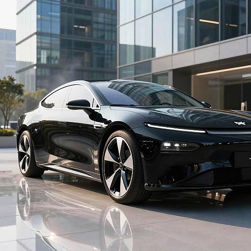 Photograph of a sleek, black, high-performance sports car with glossy finish, reflecting modern glass buildings, parked on a shiny, sunlit pavement.