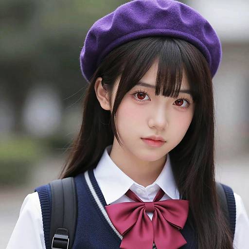 Photograph of an East Asian girl with long black hair, wearing a purple beret, white shirt, red bow tie, and navy sweater, with