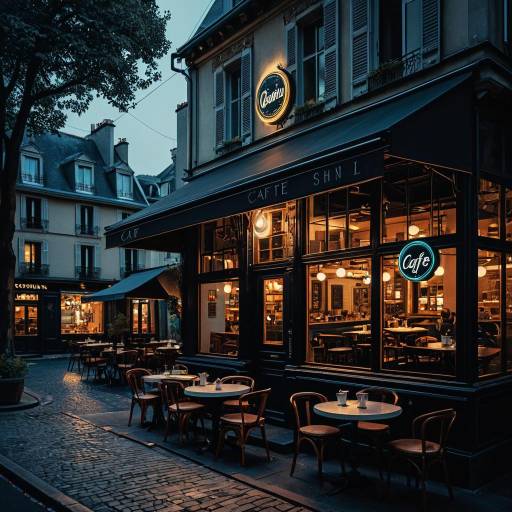 Parisian Cafe Exterior at Dusk