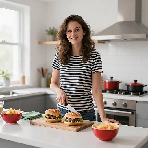 Smiling Woman in Modern Kitchen Setup