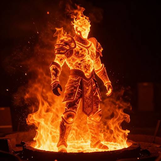 Photograph of a fiery, glowing, armored figure standing in a bright orange fire against a dark background, with intense flames surrounding it.