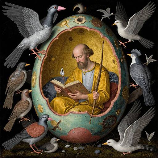 Photorealistic painting of a bearded man in yellow robes reading inside a ornate, egg-shaped nest surrounded by white birds. Black background.