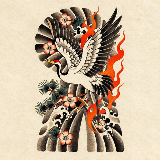 Elegant Crane Anime Irezumi Tattoo Flash