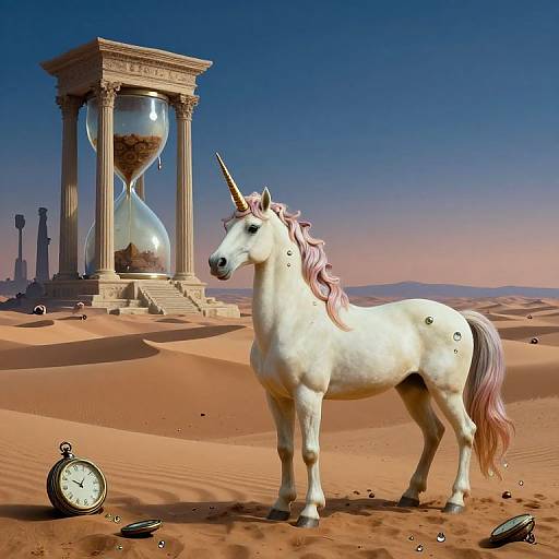 Digital artwork of a white unicorn with pink mane in a desert, near a classical clock structure with a giant hourglass, and a broken clock on the