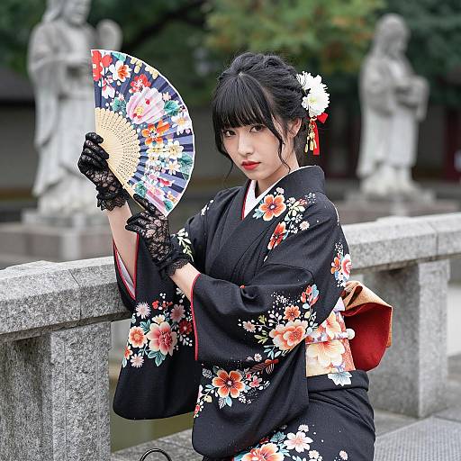 Elegant Asian Woman in Floral Kimono