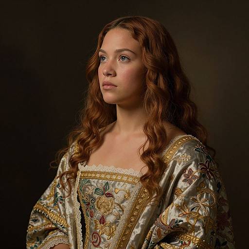 Photograph of a fair-skinned woman with long, wavy auburn hair, wearing an ornate, gold-embroidered, Renaissance