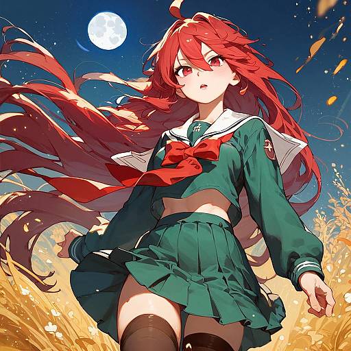 Digital anime-style illustration of a red-haired girl in a green school uniform with a red bow, standing in a field under a full moon. Long hair