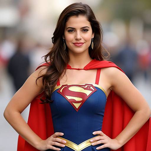 Photograph of a beautiful woman with long brown hair, wearing a Supergirl costume with red cape, blue bodysuit, and gold-trim