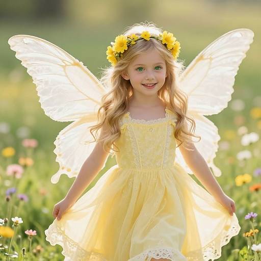 Young Girl with Butterfly Wings in Meadow