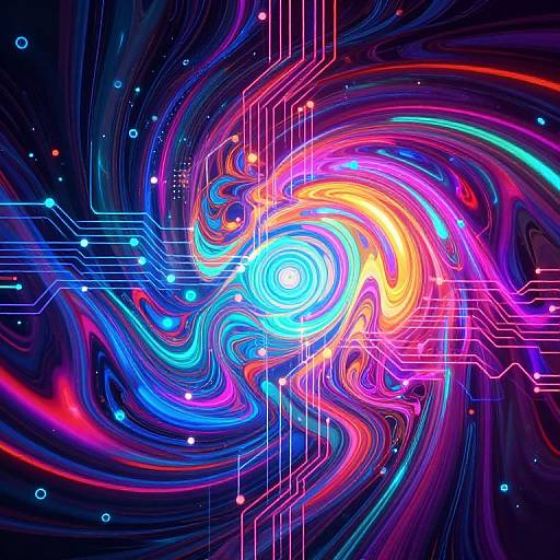 Digital artwork of a vibrant, swirling galaxy with neon blue, pink, orange, and purple lights, interconnected circuits, and sparkling stars.