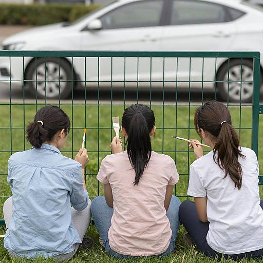 Three Women Painting a Green Fence