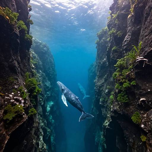 Photograph of a massive whale swimming between towering, moss-covered, rocky cliffs underwater, with sunlight filtering from above, creating a serene, blue-toned