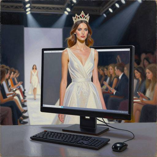Photograph of a model in a white, sleeveless, deep V-neck dress with a crown, displayed on a computer monitor in a fashion show venue