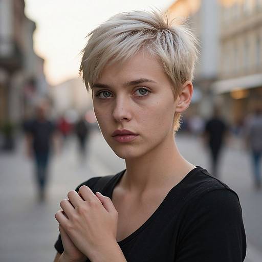 Photograph of a young, pale-skinned woman with short, platinum blonde hair, wearing a black top, standing in a blurred urban street, hands