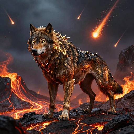 Digital artwork of a fierce, fiery wolf with glowing fur standing on a lava-filled, volcanic landscape under a shooting star-filled sky.