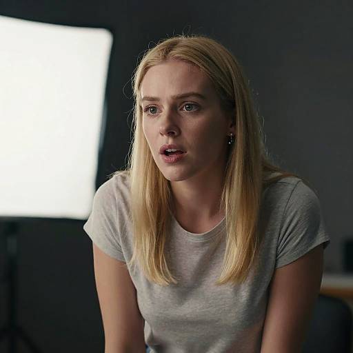 Photograph of a blonde Caucasian woman with light skin, wearing a gray t-shirt, looking surprised in a dimly lit room with a bright white light
