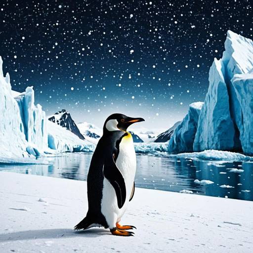 Emperor Penguin on Snow with Icy Glaciers and Starry Sky Emperor Penguin on Snow with Icy Glaciers and Starry Sky