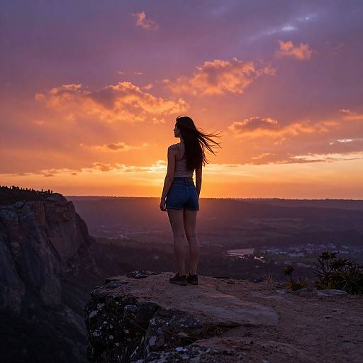 Photograph of a woman with long brown hair, wearing a blue tank top and shorts, standing on a cliff at sunset, silhouetted against