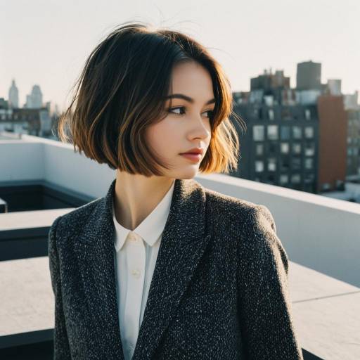 Young Woman with Textured Bob Hairstyle on Rooftop