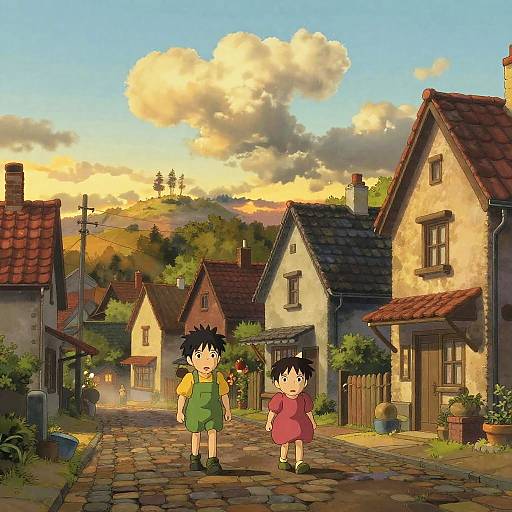 Digital anime-style illustration of two children walking down a sunlit, cobblestone village street with charming, rustic houses and a vibrant sunset sky.