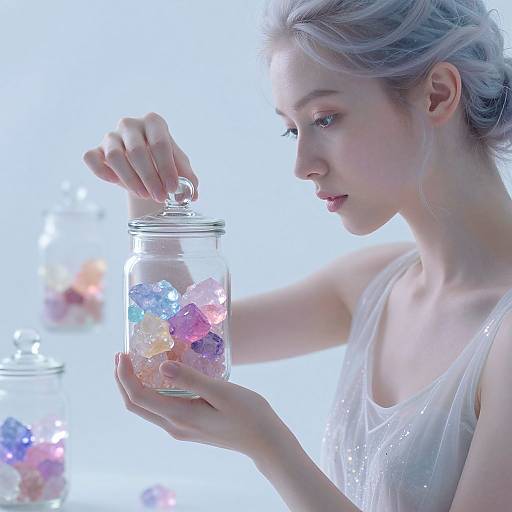 Photograph of a fair-skinned, blonde woman in a sheer white top, gently holding a jar with colorful translucent crystals against a bright, ethereal