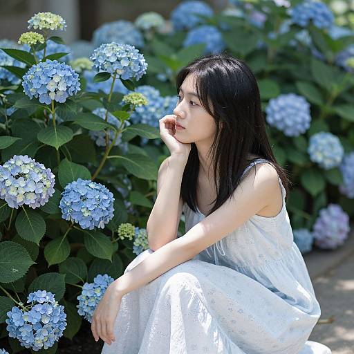 Photograph of an Asian woman with long black hair, wearing a white lace dress, sitting among vibrant blue hydrangeas, gazing thoughtfully.