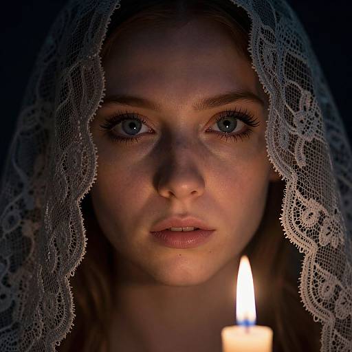 Close-up photograph of a young woman with blue eyes, lace veil, and candlelight, creating a solemn, intimate, and shadowy atmosphere.