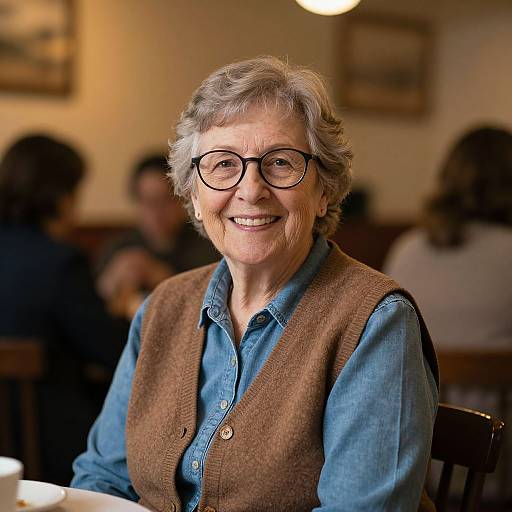 Photograph of a smiling elderly woman with short gray hair, glasses, wearing a blue shirt and brown vest, in a warmly lit, blurred café background