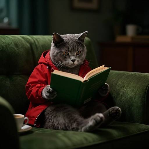 Photograph of a gray tabby cat wearing a red hoodie, sitting on a green velvet couch, reading a green book with focused eyes. Blurred