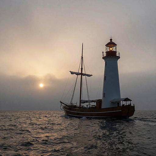Schooner at Foggy Coastal Lighthouse Sunset