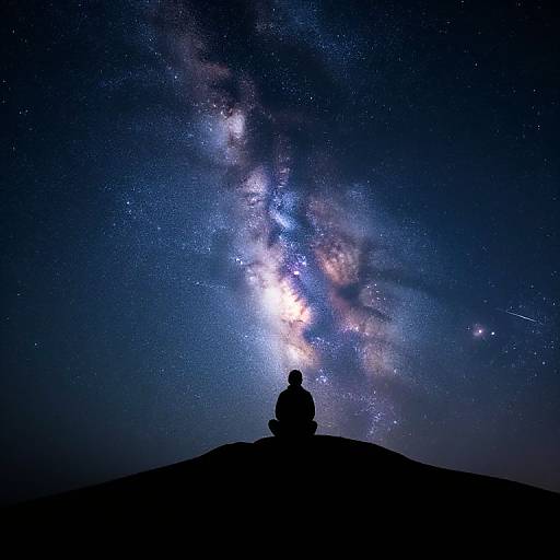 Silhouetted person sits on hill, gazing at vibrant Milky Way galaxy, dotted with stars in a clear, dark night sky.