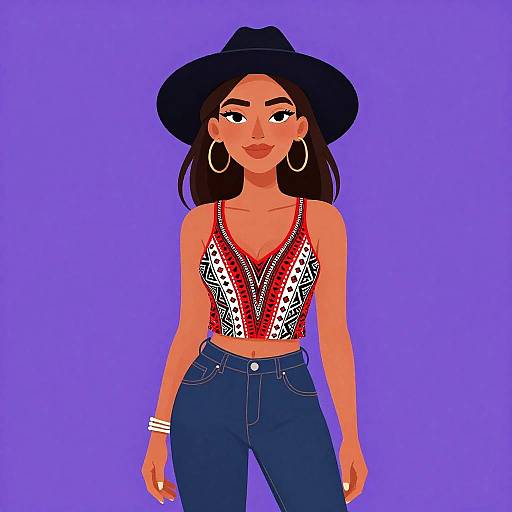 Digital illustration of a confident Latina woman with tan skin, wearing a black hat, red and white patterned crop top, blue jeans, large hoop earrings
