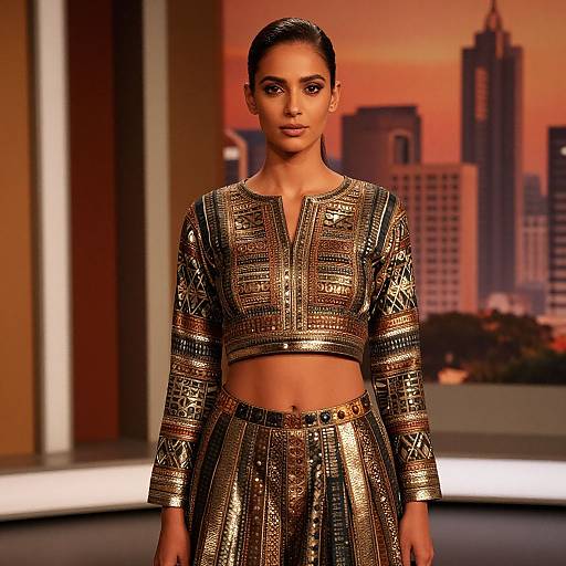 Photograph of a brown-skinned woman with sleek black hair, wearing a gold, geometric-patterned crop top and matching skirt, standing against a sunset