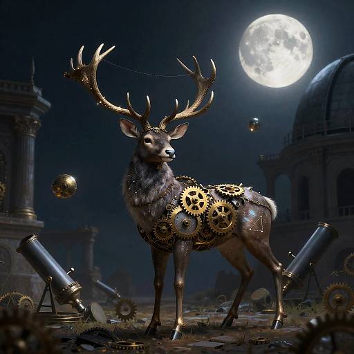 Steampunk Clockwork Stag in Moonlit Observatory Ruins