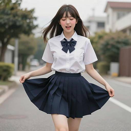 Photograph of a smiling young Asian woman with long black hair, wearing a white shirt with a black bow and a black pleated skirt, standing on