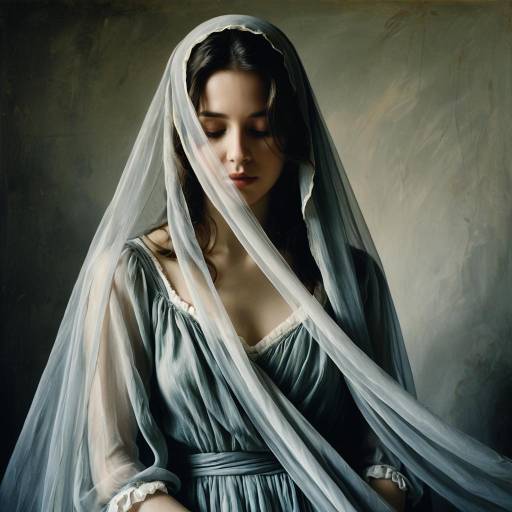 Sad Veiled Woman in Translucent Dress