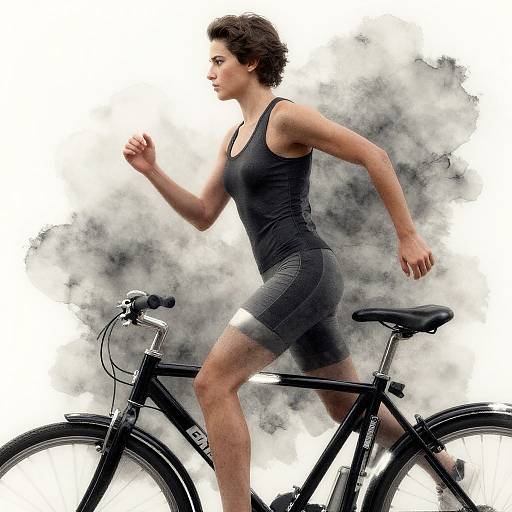 Photograph of a fit woman with short brown hair in a black tank top and cycling shorts, running beside a black bicycle against a smoky white background