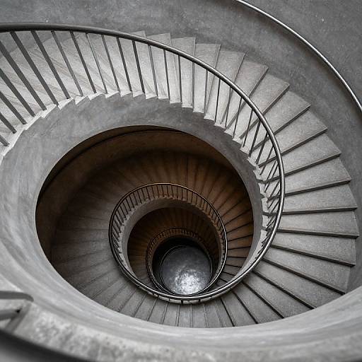 Photograph of a black and gray spiral staircase viewed from below, creating a mesmerizing, concentric circular pattern with metallic railings.