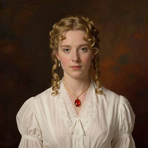 Photograph of a fair-skinned woman with blonde, curly hair, wearing a white, lace-trimmed blouse, red gemstone necklace, and