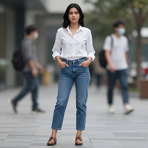 Photograph of a young woman with long black hair, wearing a white blouse, blue cuffed jeans, and brown loafers, standing confidently in a