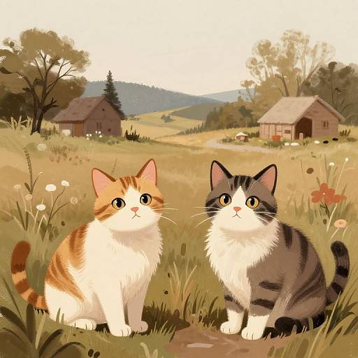 Digital illustration of two fluffy cats with orange and white, and gray and white fur, sitting in a grassy countryside field with two wooden barns and