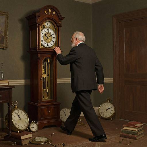 Photograph of an elderly man in a black suit, white hair, and glasses, adjusting a tall wooden grandfather clock in a dimly lit, dark