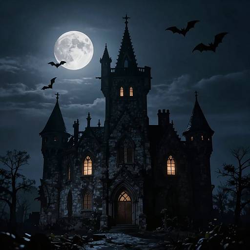 Silhouetted gothic castle under full moon, lit windows, surrounded by bats, dark clouds, bare trees, and scattered debris. Digital art