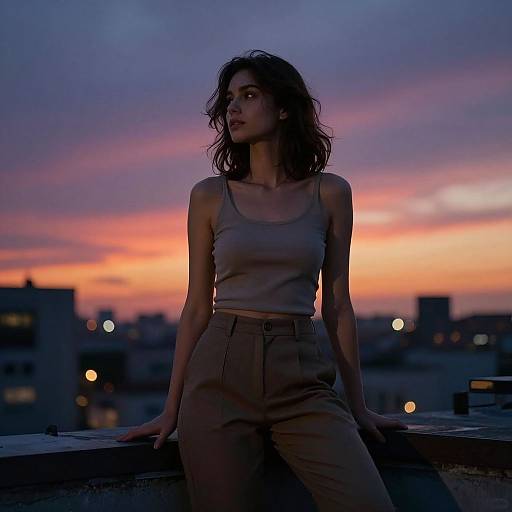 Photograph of a slender woman with wavy dark hair, wearing a beige tank top and high-waisted pants, leaning on a rooftop against a