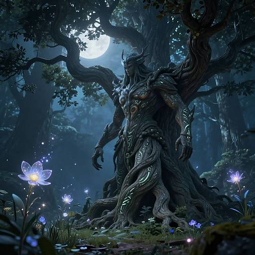 Digital fantasy artwork of a dark, armored, wolf-like creature standing among glowing blue flowers under a full moon in a mystical forest.