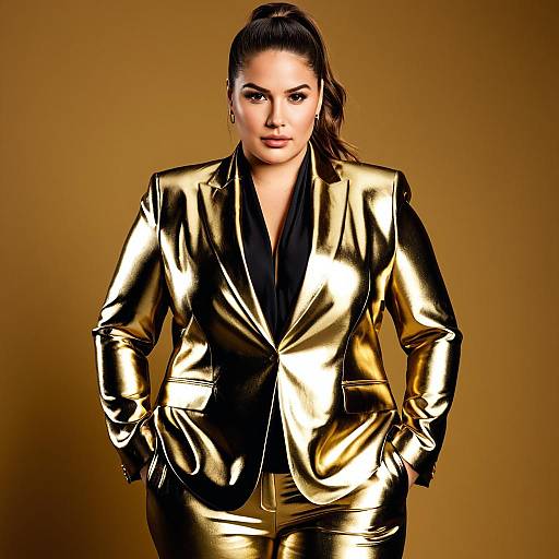 Plus Size Woman in Shiny Gold Pant Suit