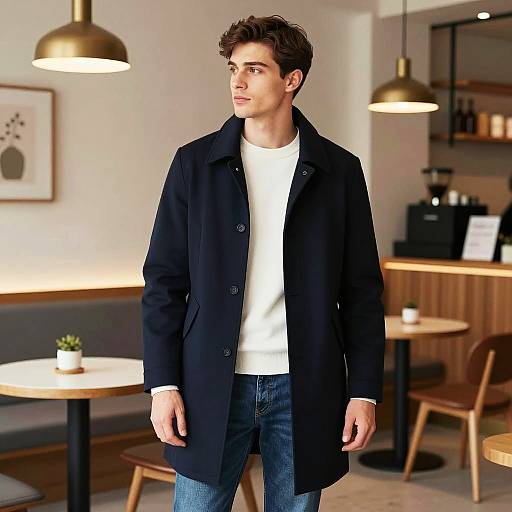 Young Man in Navy Coat in Modern Café
