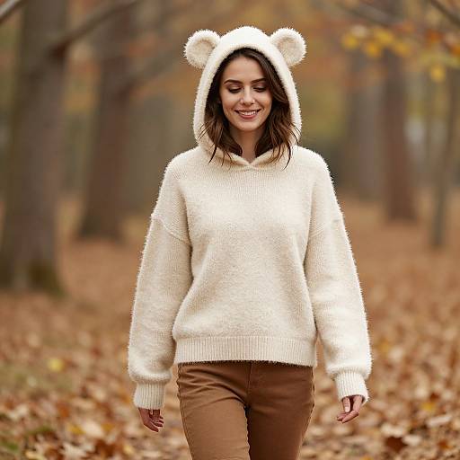 Photograph of a smiling woman in a white, fluffy bear-eared hoodie and brown pants, walking through a autumn forest.