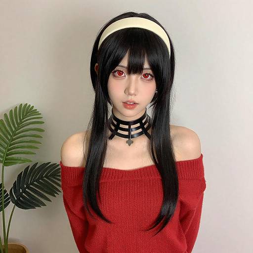 Photograph of an East Asian woman with long black hair, red eyes, wearing a red off-shoulder sweater, black choker, white head